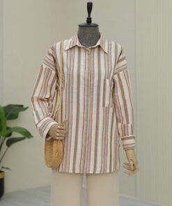 Embossed Striped Oversized Shirt with One Pocket -Brown