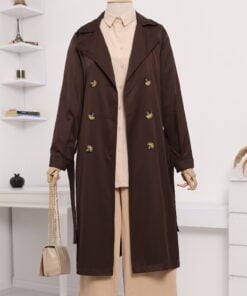 Long Trenckot with Double Button Belt -Brown