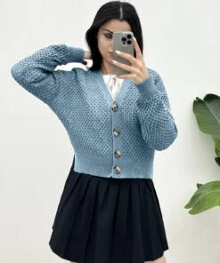 Openwork Bone Buttoned Cardigan with Slits -Baby Blue