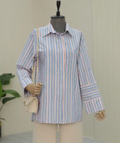 Oversized Shirt with Long Embossed Stripes on the Back -Blue