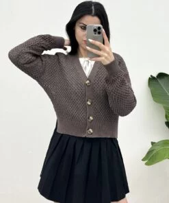 Openwork Bone Buttoned Cardigan with Slits -K. Coffee