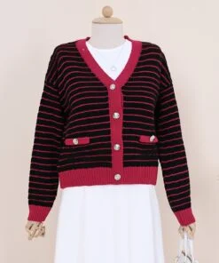 Thin Striped Sweater Cardigan with Buttoned Pocket Detail - Cherry