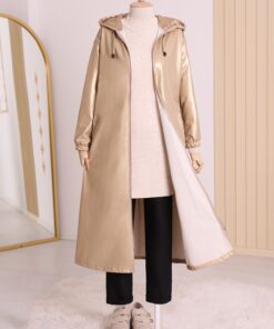 Hooded Zippered Shiny Leather Cap with Elastic Sleeves -Stone