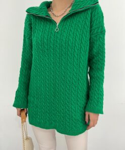 Yarım Fermuarlı Turtleneck Qış Trikotaj Sviter - Zümrüd