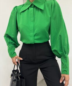 Balloon Sleeve Plain Shirt with Hidden Buttons -Green