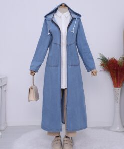 Hooded Denim Cap with Side Pockets -Light Blue