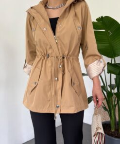 Hooded Short Trenckot with Top Pocket Detail -Mink