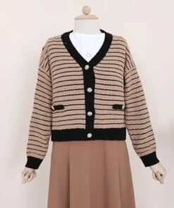 Thin Striped Sweater Cardigan with Buttoned Pocket Detail -Taba