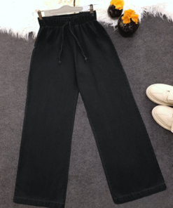 Wide Leg Elastic Waist Elastic Waistband Lacing Detailed Jeans -Black