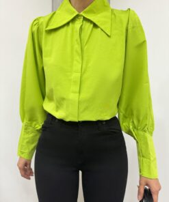 Balloon Sleeve Plain Shirt with Hidden Buttons -F.Green