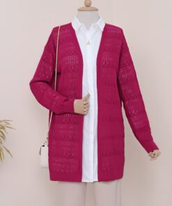 Örgü Desen Ajurlu Triko Hırka -Fuşya