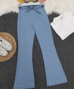 Flared Jeans with Lace-up Detail -Light Blue