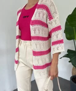 Openwork Striped Fakir Sleeve Cardigan -Pink