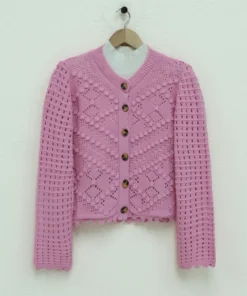 Openwork Embossed Bone Buttoned Sweater Cardigan -Pink