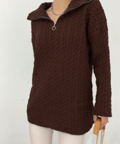 Yarım Fermuarlı Turtleneck Qış Trikotaj Sviter - Qəhvəyi