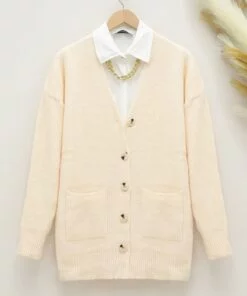 Buttoned Double Pocket Sweater Cardigan -Cream