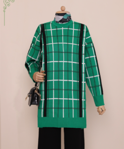 Square Patterned Double Layer Shabby Sweater Tunic -Green