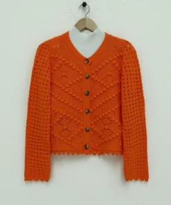 Openwork Embossed Bone Buttoned Sweater Cardigan -Orange