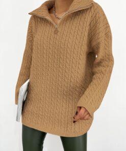 Half Zippered Turtleneck Winter Sweater -Mink