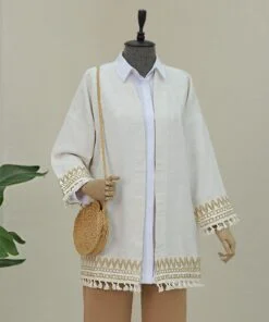 Linen Kimono with Tassel Detail on Sleeves and Skirt -Stone