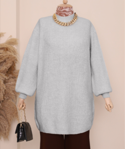 Balloon Sleeve Soft Knitted Sweater Tunic -Grey