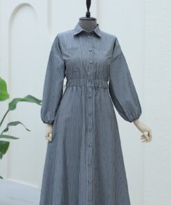Striped Dress with Front Buttons and Elastic Waist -Smoked