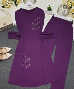 Slit Chiffon Suit with Glued Stone Detail -Purple