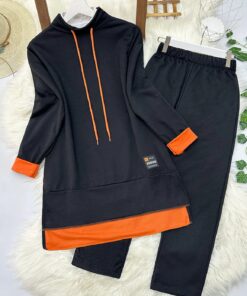 Orange Detailed Two String Combed Two Piece Suit -Black