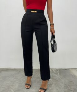 Elastic Waist Pockets Metal Detailed Pants -Black