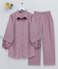 Elasticized Lacing Detailed Double Set with Elasticized Sleeves -Powder