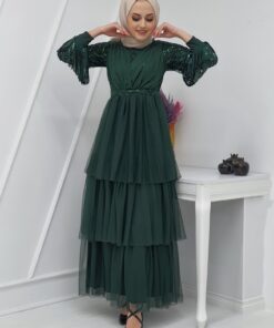 Tulle Evening Dress with Sequin Sequin Sleeves - Emerald