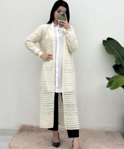 Openwork Patterned Long Cardigan -Cream