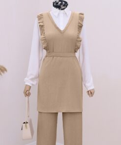 Front Ruffle Half Buttoned Shirt Collar Double Crinkle Suit -Beige