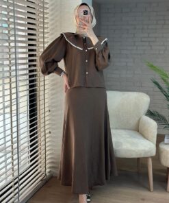 Lace Lettuce Collar Pure Linen Skirted Suit -Brown