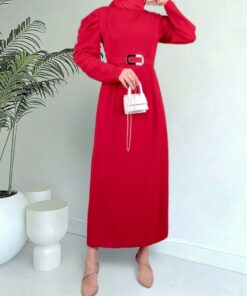 Watermelon Sleeve Buckle Belt Dress -Red