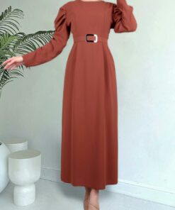 Watermelon Sleeve Buckle Belt Dress -Taba