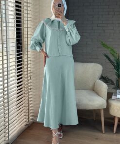 Lace Lettuce Collar Pure Linen Skirted Suit -Water Green