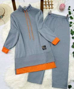 Orange Detailed Two String Combed Two Piece Suit -Grey