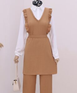 Front Ruffle Half Buttoned Shirt Collar Double Crinkle Suit - Mink
