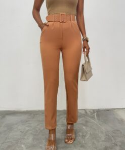 Thick Belted Fabric Pants - Cinnamon