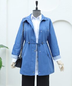 Tunnel Tie Araboy Trench Coat with Folded Sleeves -Indigo
