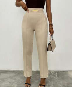 Metal Detailed Pants with Elastic Waist Pockets -Beige