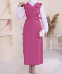 Long Gilet Dress with V Belt Collar -Fuchsia