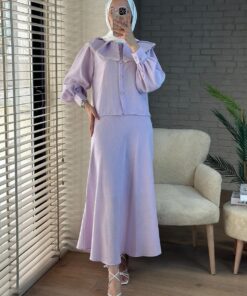 Lace Lettuce Collar Pure Linen Skirted Suit -Lilac