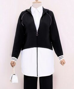 Long Zippered High Collar Garnished Suit -Black