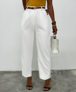 Pants with Thin Belt Pockets and Stitched Cuffs -White