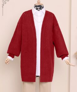 Openwork Fuzzy Cardigan with Openwork Sleeves and Front -Red