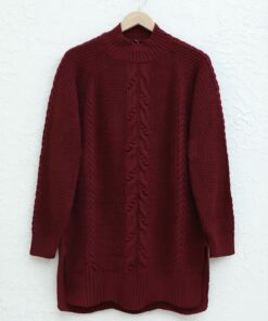 Örgülü Pompom Trikotaj Tunik - Bordo Qırmızı