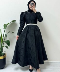 Belted Balloon Skirt Cold Print Caftan Evening Dresses -Black