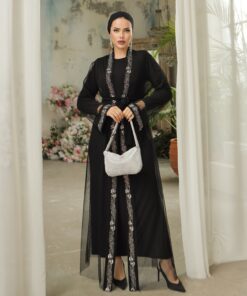 Belted Double Abaya Set with Stone Embroidered Cuffs -Black